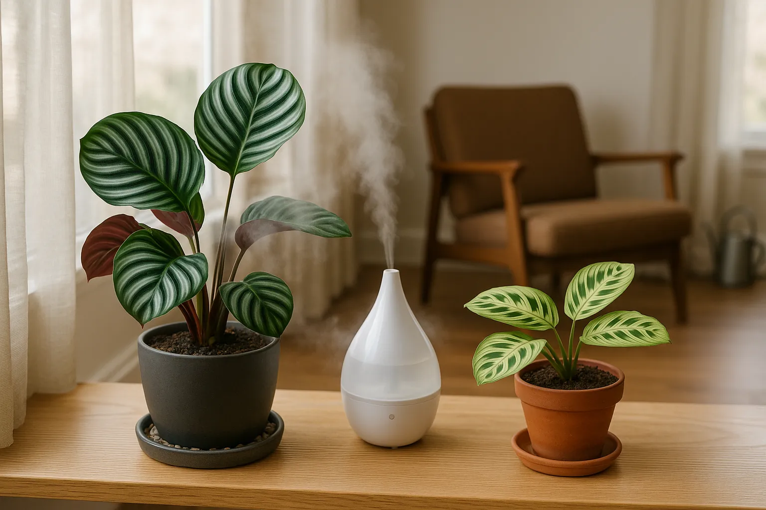 Calathea with glossy purple undersides beside a smaller, flatter Maranta on a windowsill.