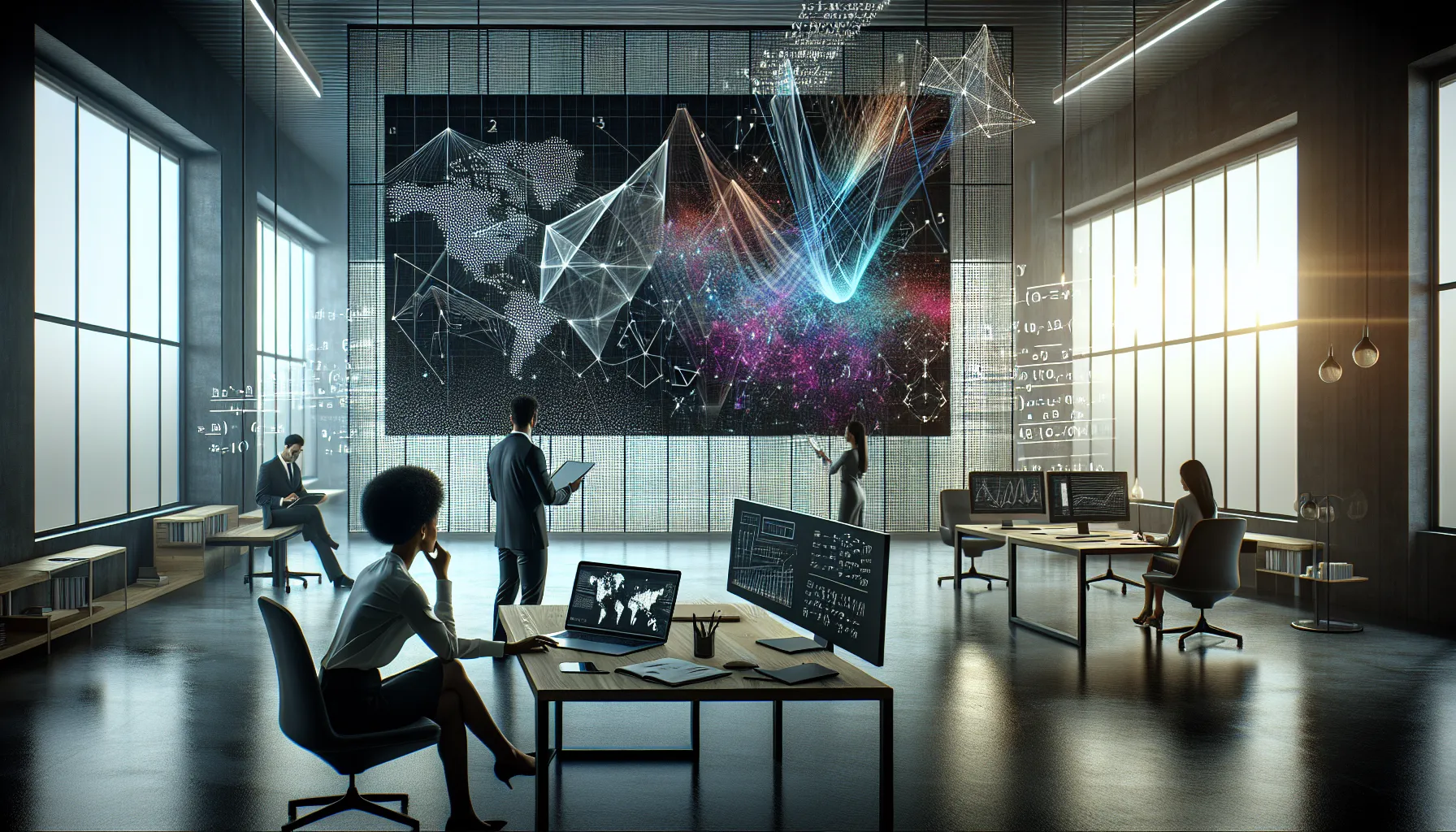 professionals analyzing mathematical patterns at a modern workspace.