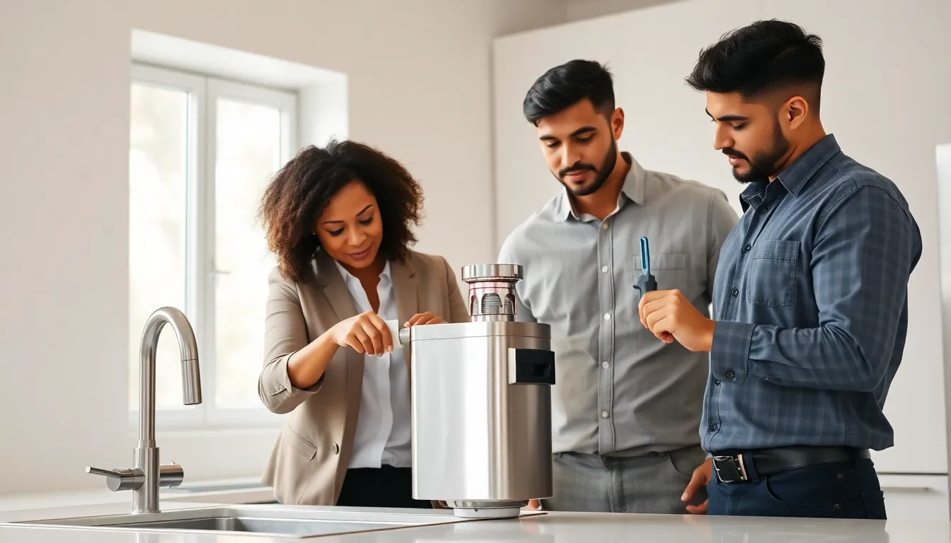 professionals troubleshooting a garbage disposal in a modern kitchen.