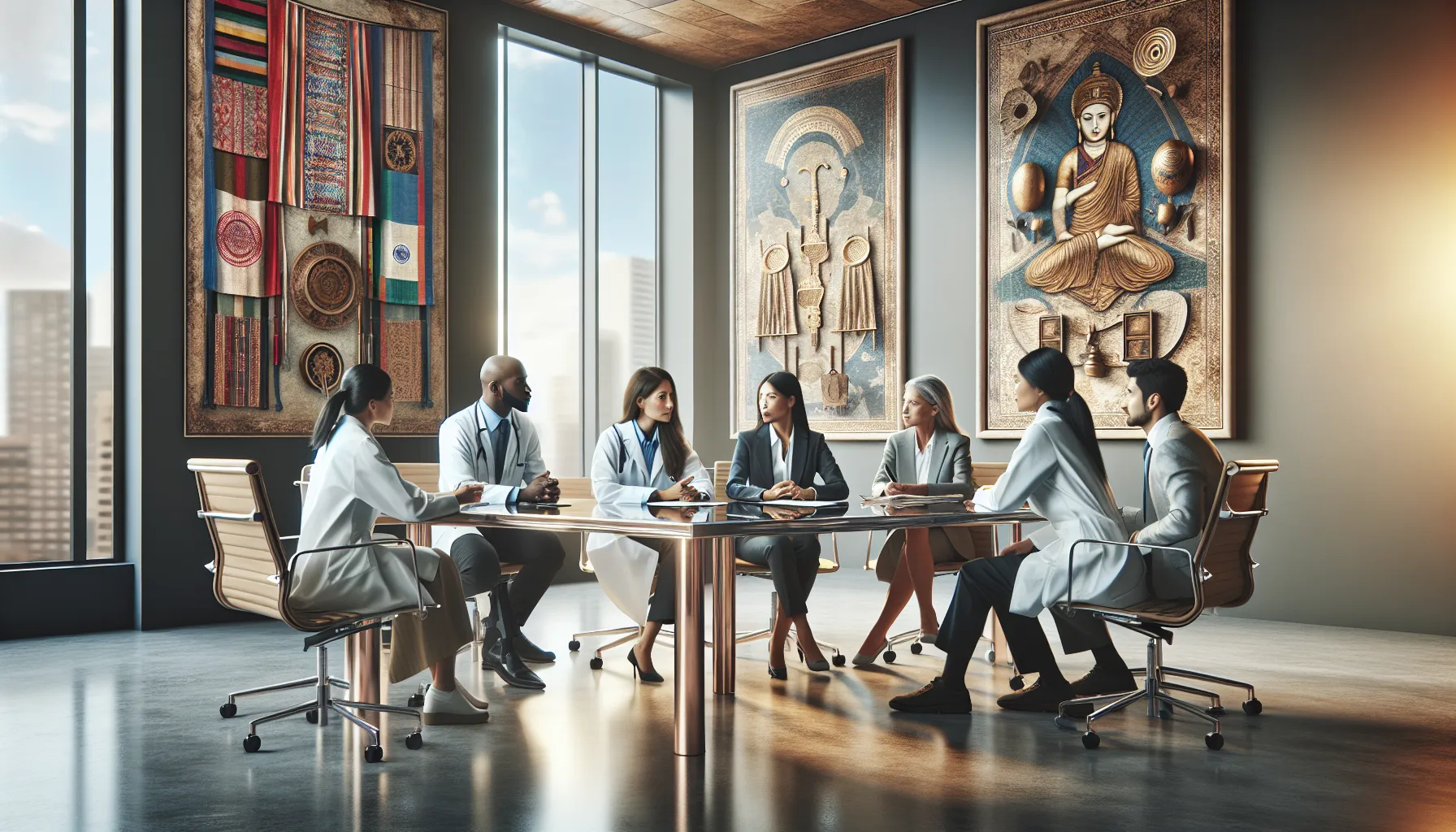 diverse professionals discussing cultural traditions in a modern office.