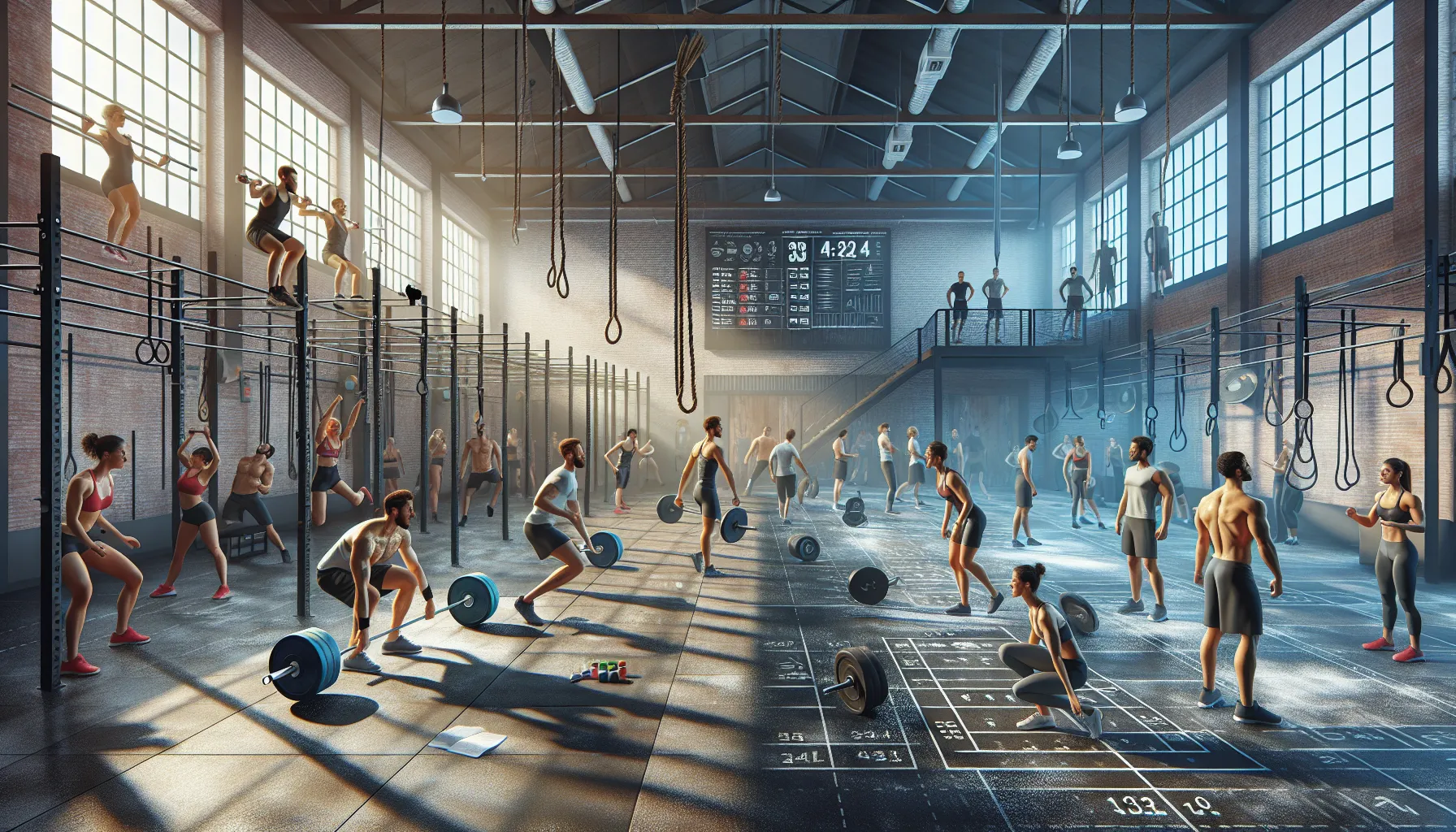 Two groups in a gym performing CrossFit and HIIT workouts.
