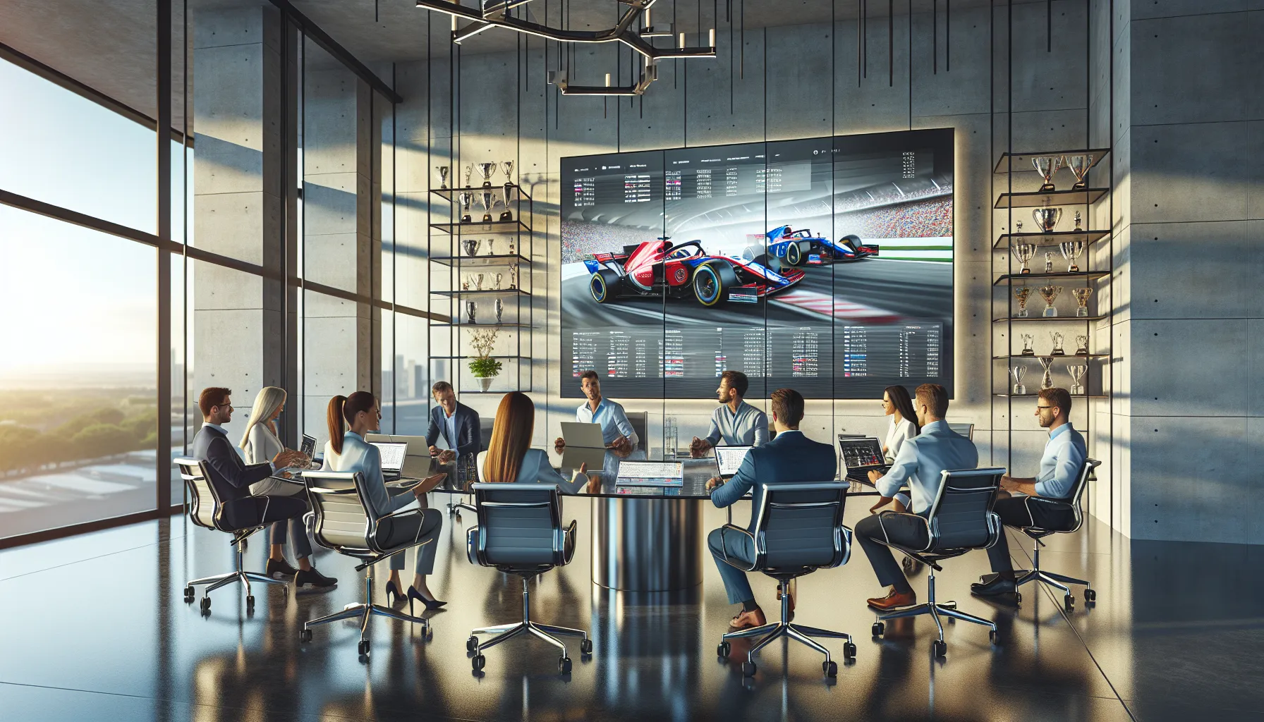 diverse team collaborating in a modern office, emphasizing communication in motorsport.