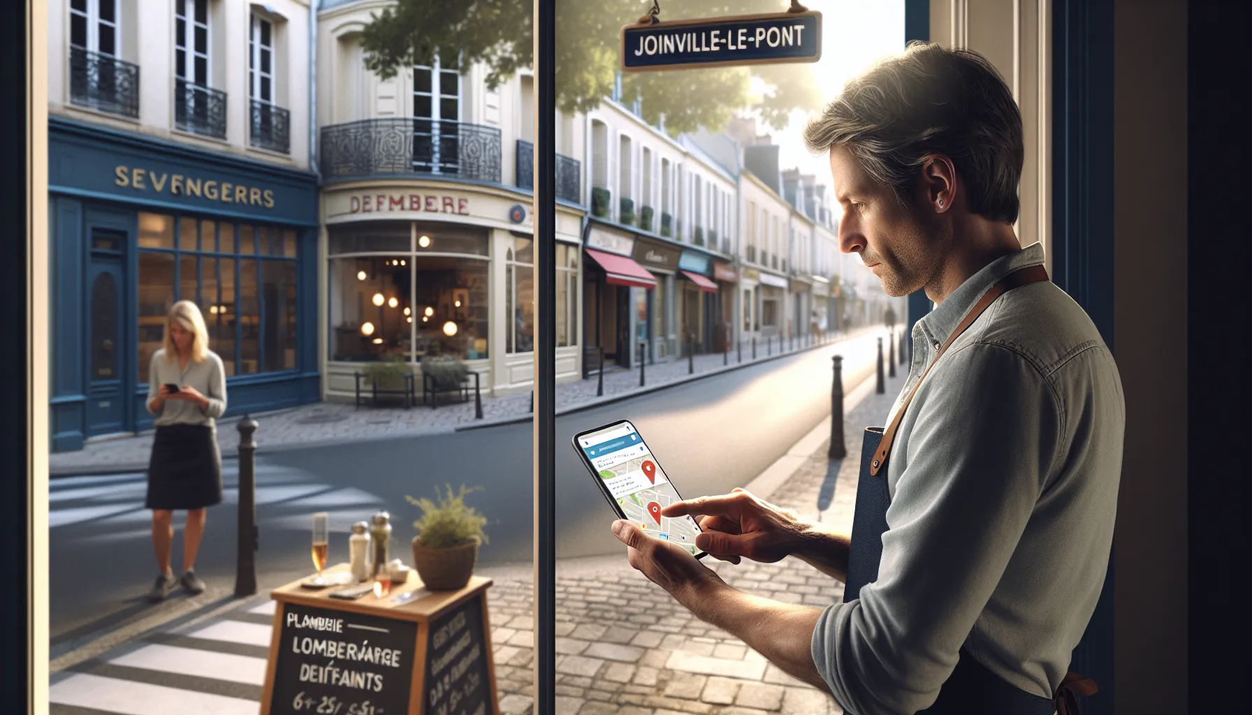 French shop owner checks local Google search results for his Joinville-le-Pont business.