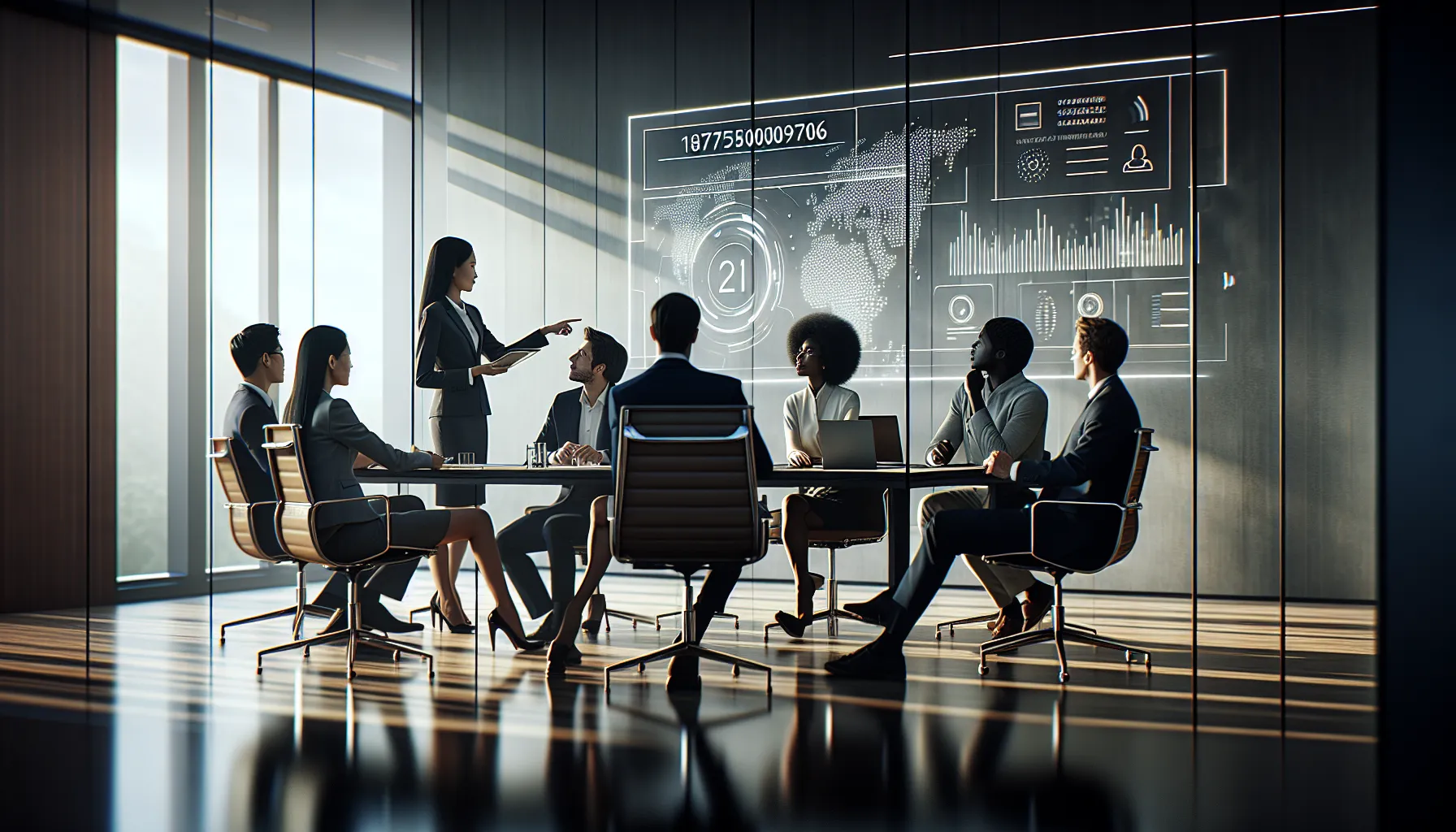 Diverse professionals discussing a digital dashboard in a modern office.