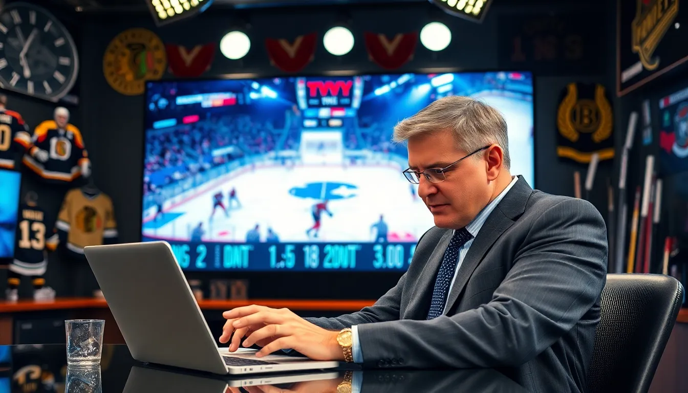 a hockey analyst reviewing game statistics in a modern sports studio.