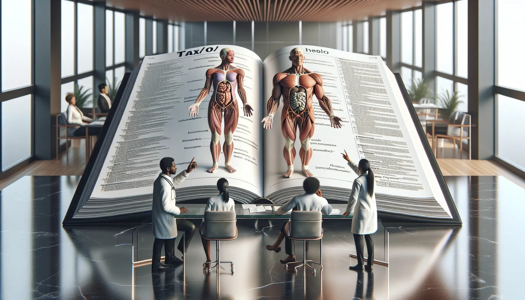 medical professionals discussing the term 'tax/o' in a modern office.