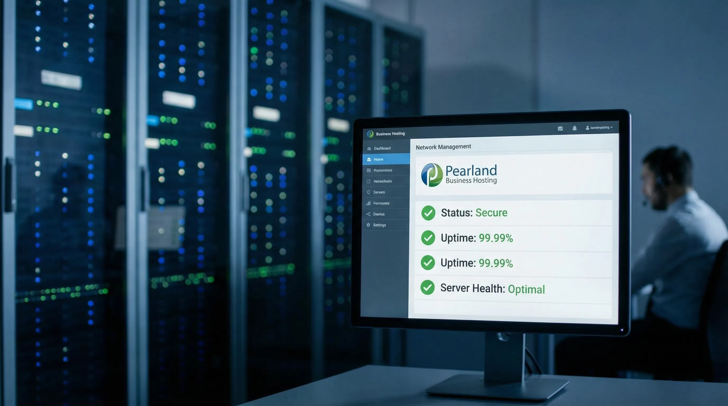 Technician monitoring a hosting dashboard on a computer in front of softly lit server racks.
