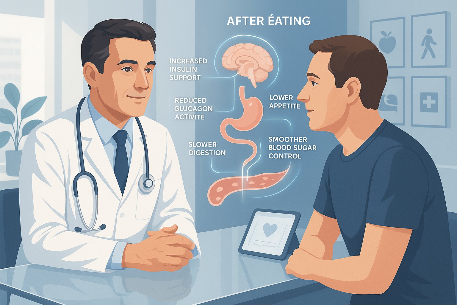 Doctor explaining Mounjaro’s metabolic effects to a patient in a modern clinic.