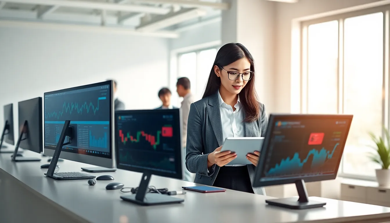 diverse professionals collaborating on cryptocurrency trading in a modern office.