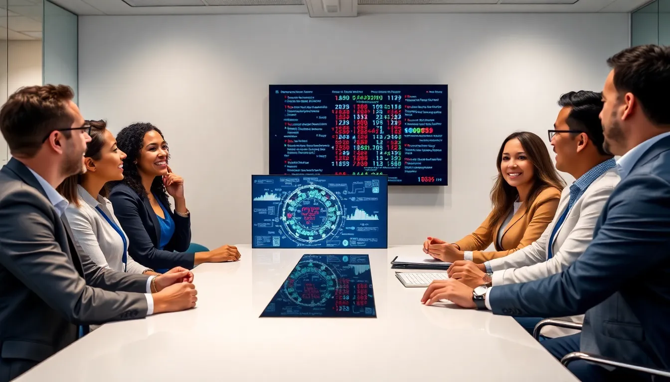 professionals discussing data management in a modern office.