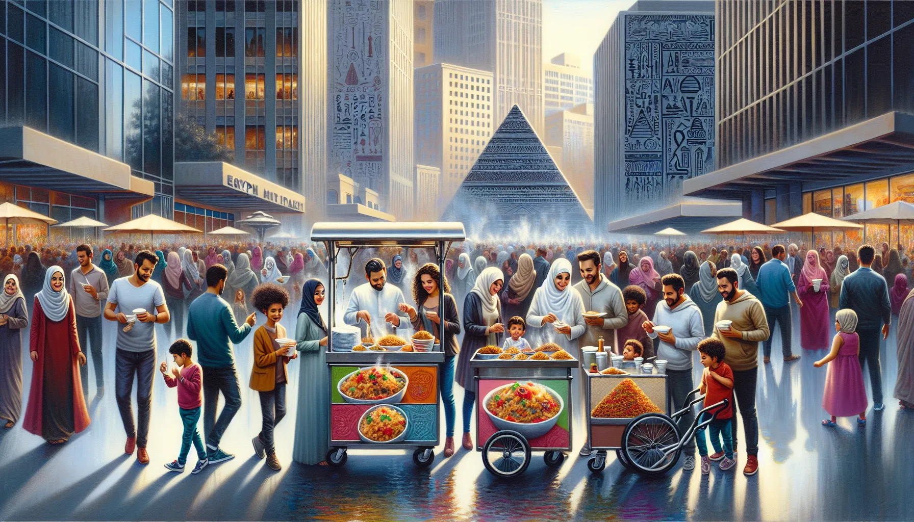 diverse group enjoying Egyptian street food at lively city street.