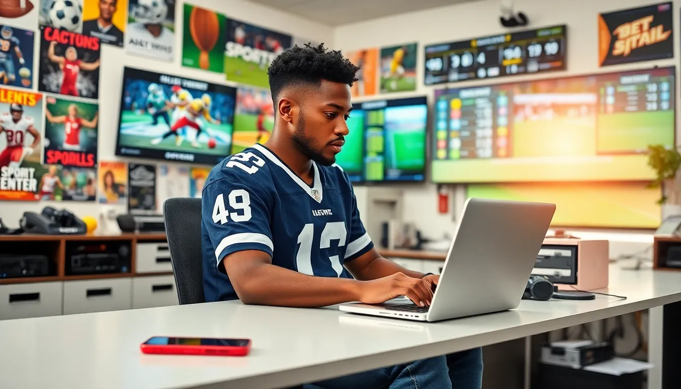A young man analyzing sports news on a laptop in a modern workspace.