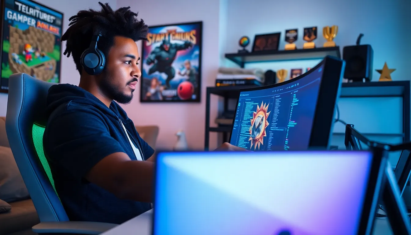 Gamer in a modern workspace, focused on gameplay and community engagement.
