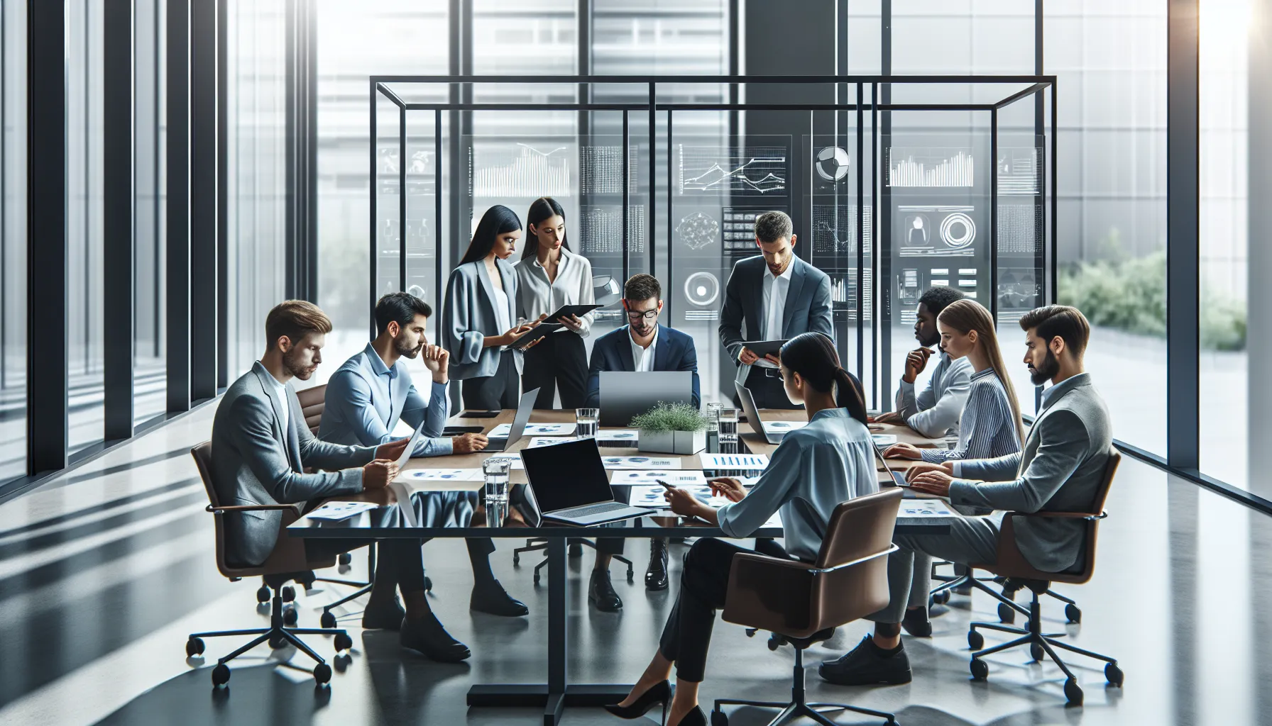 diverse professionals discussing data in a modern office setting.