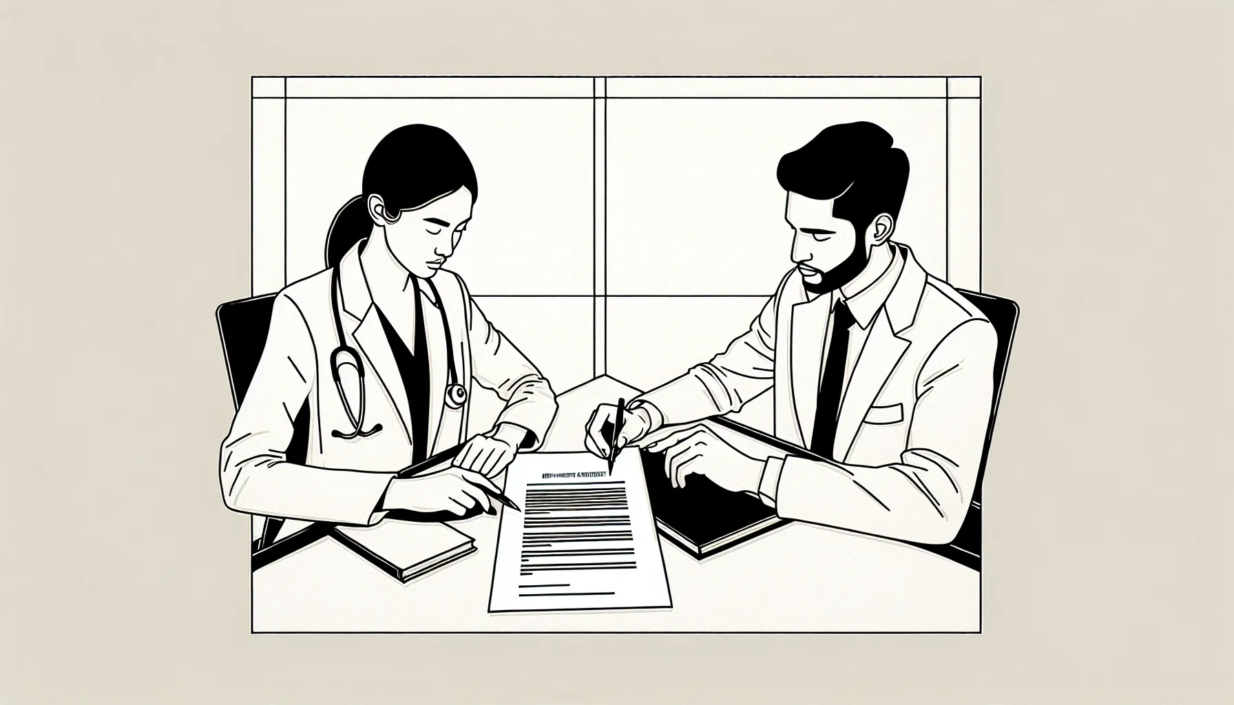 Physician and attorney reviewing an employment contract with labeled clause icons.