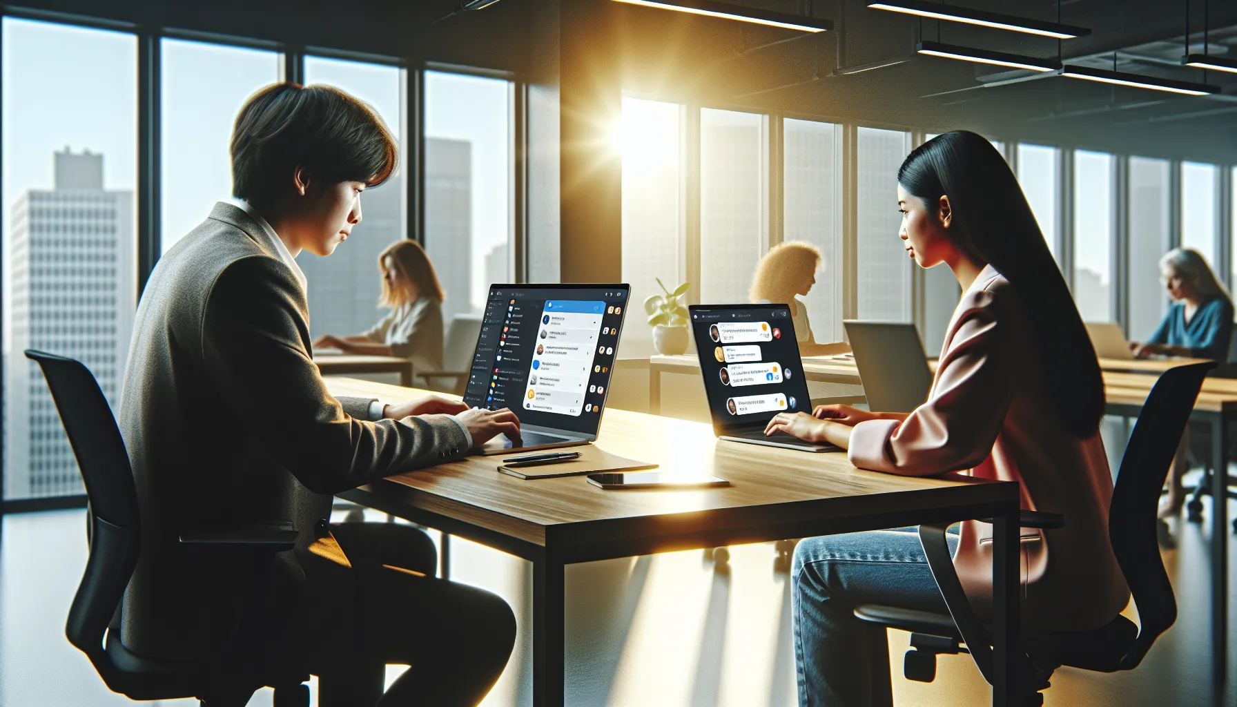 Two individuals comparing Slack and Discord interfaces on their laptops.
