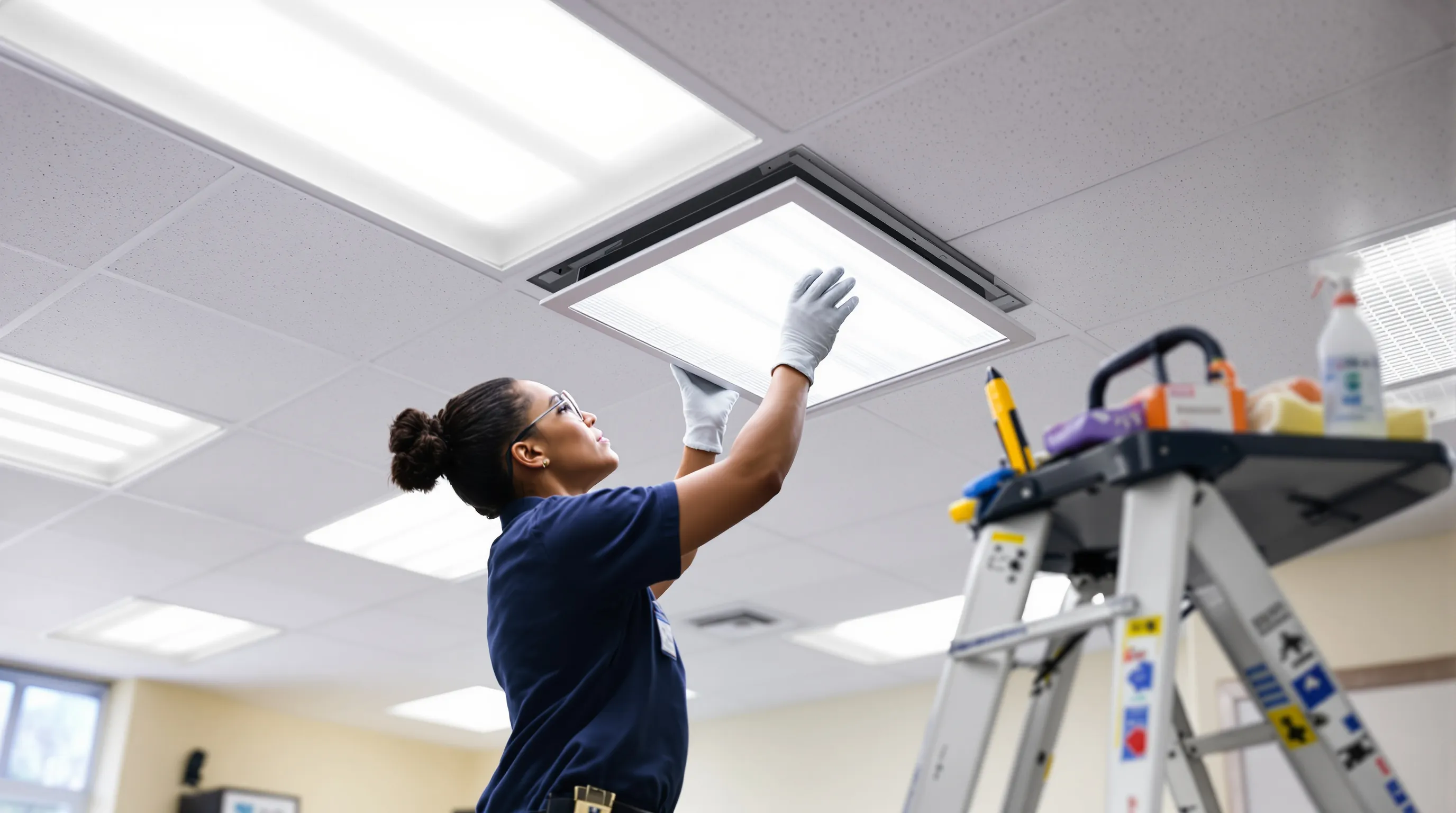 Technician installs migraine‑friendly fluorescent light filter in a classroom ceiling.