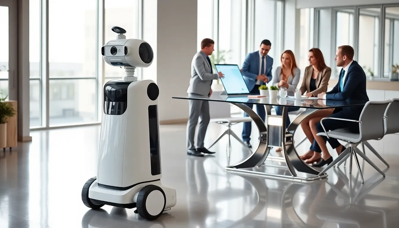 Cobalt Robotics robot in a modern office with professionals collaborating.