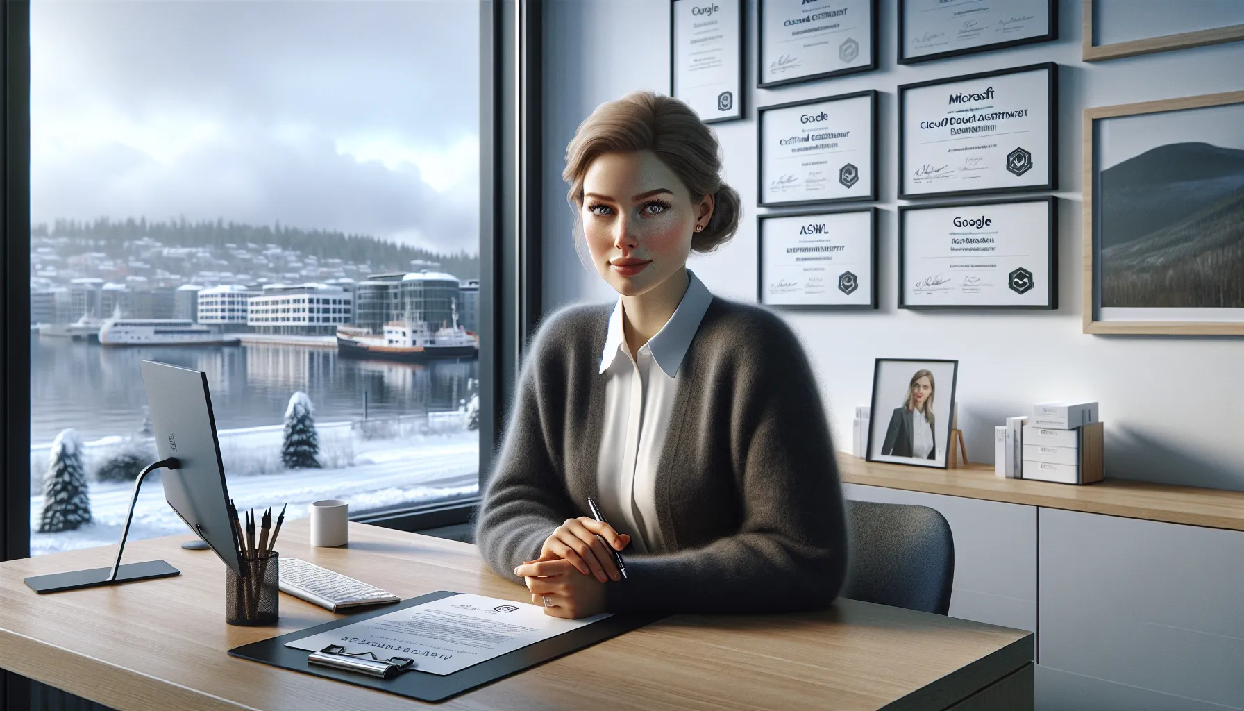 Norwegian professional reviews a wall of top certifications across industries in oslo.