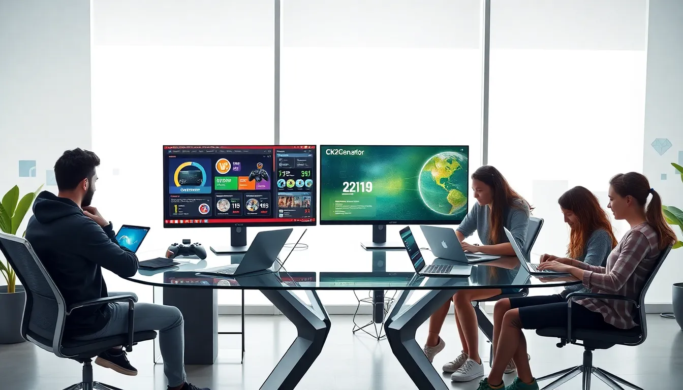 diverse group collaborating on gaming rewards in a modern workspace.