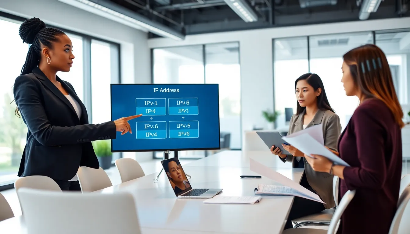 diverse IT professionals discussing IP addresses in a modern office.