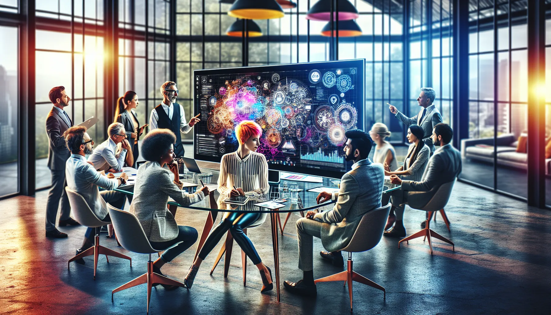 diverse team brainstorming in a modern creative studio.