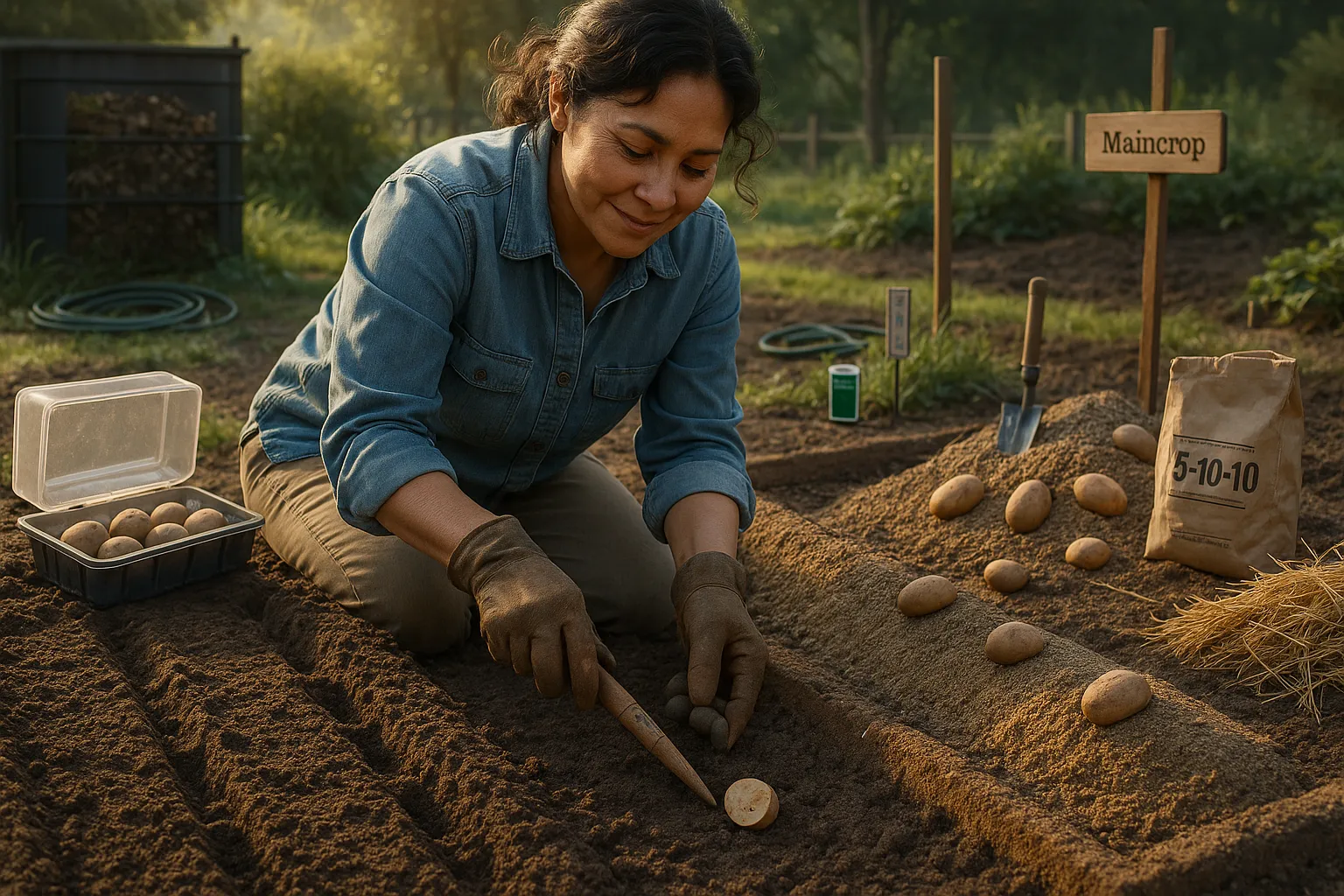 Gardener planting first earlies shallow and maincrop deeper in two potato beds.