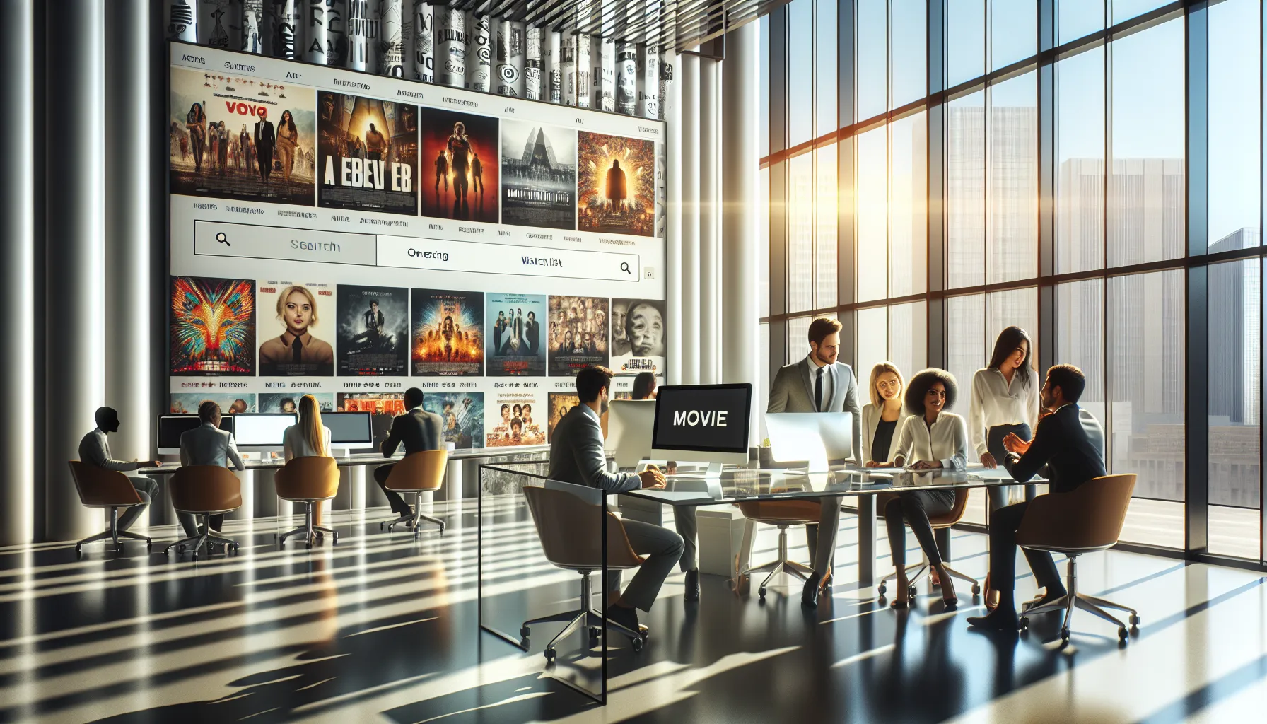 A team discussing movies in a modern office space.