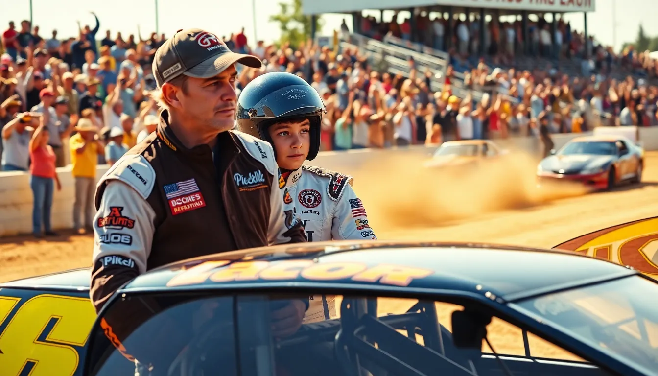 father and son strategizing at a dirt track racing event.