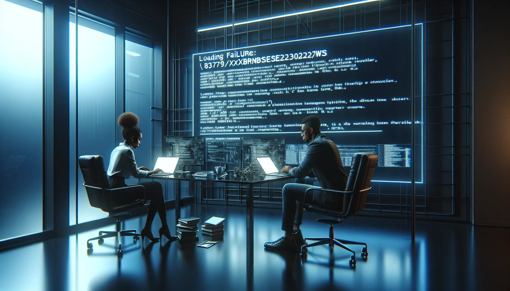 professionals troubleshooting a loading failure in a modern office.