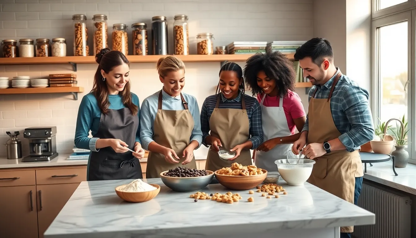 diverse bakers preparing cookies in a modern kitchen.