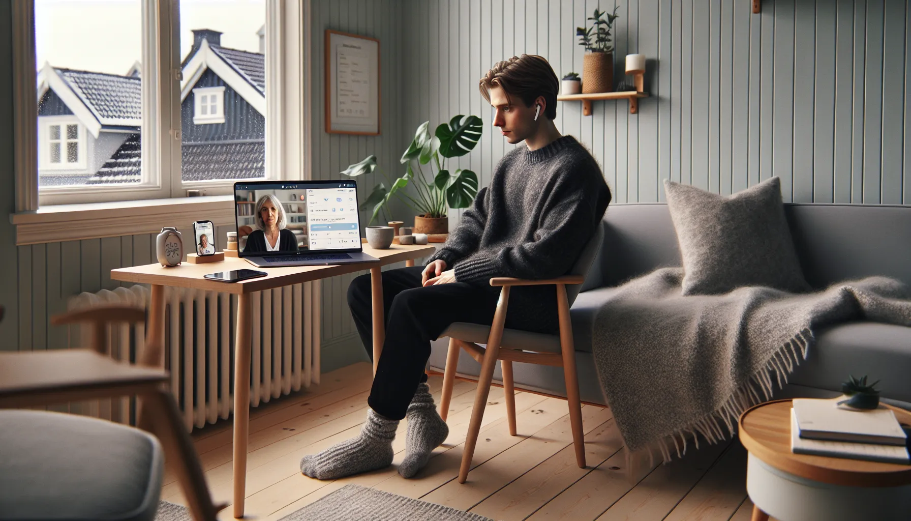 Norwegian adult in a video therapy session at home with telehealth tools.