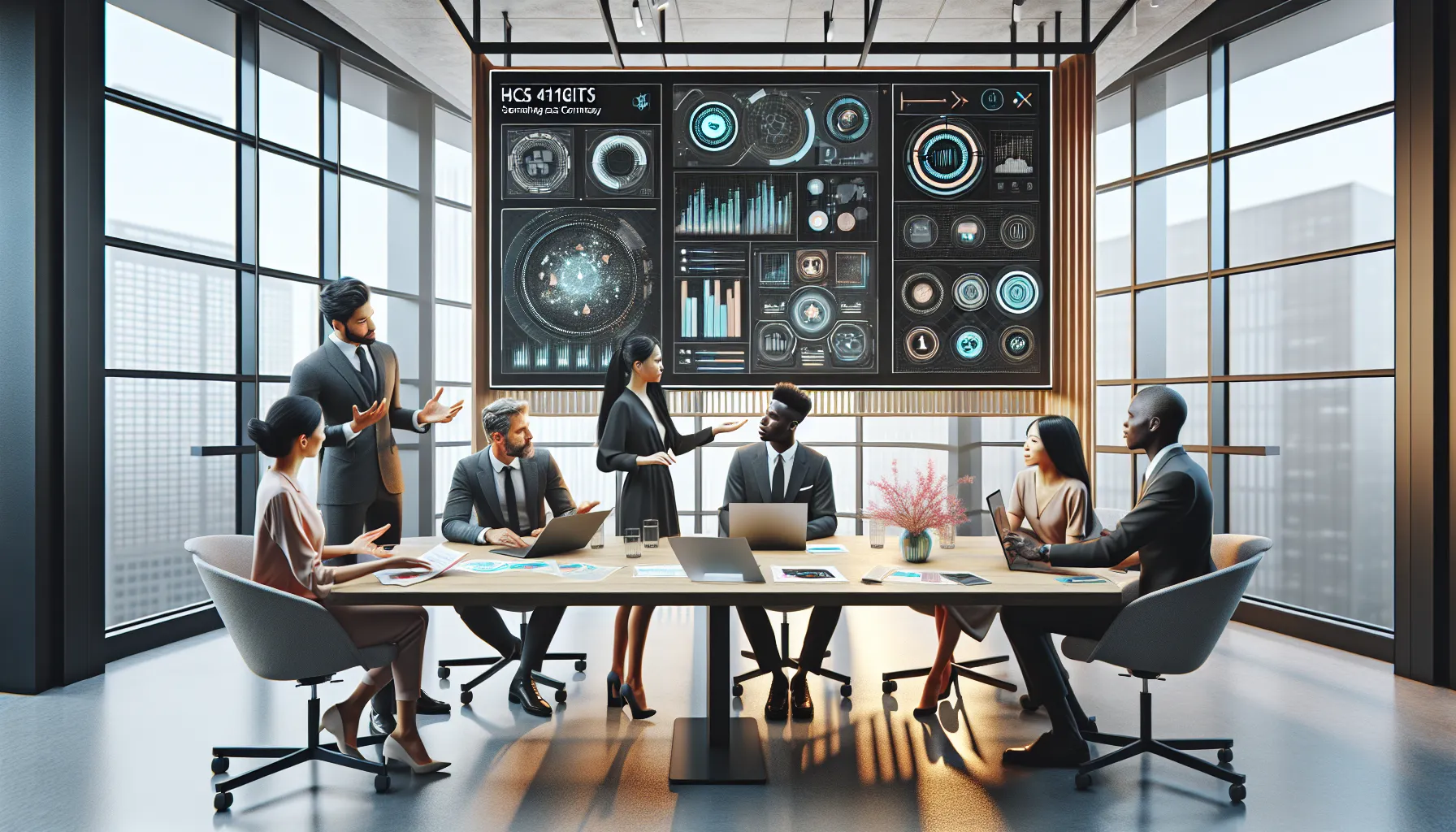 diverse team collaborating on HCS 411GITS software in a modern office.