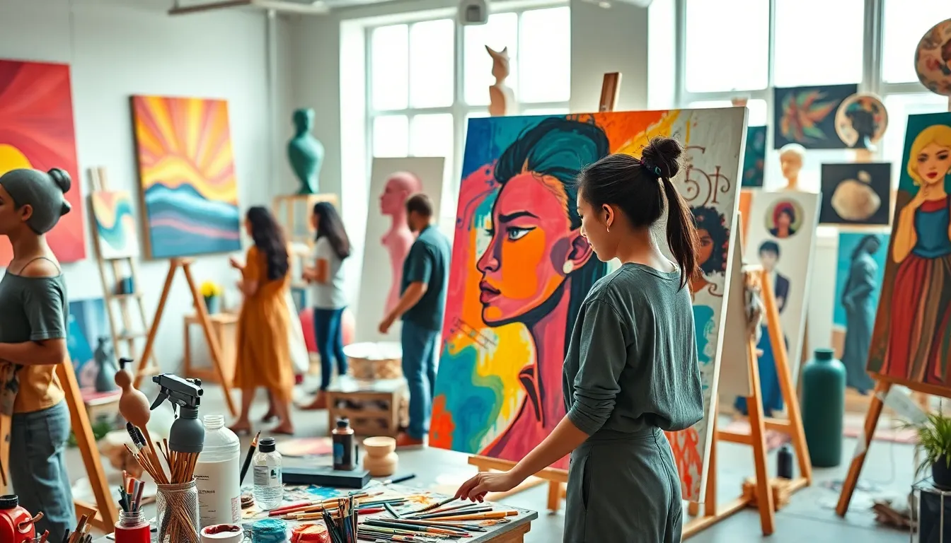 diverse artists creating unique artworks in a vibrant studio.