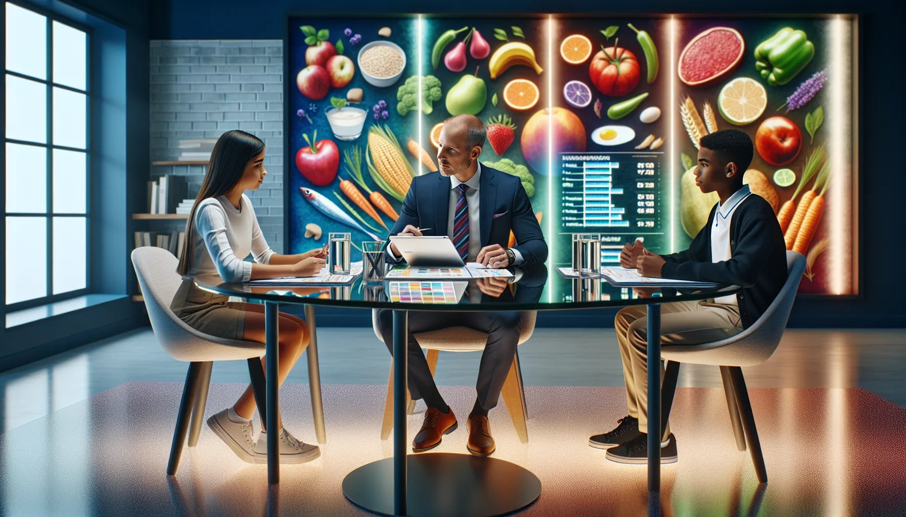 Nutritionist advising teens on daily calorie intake in a modern office.