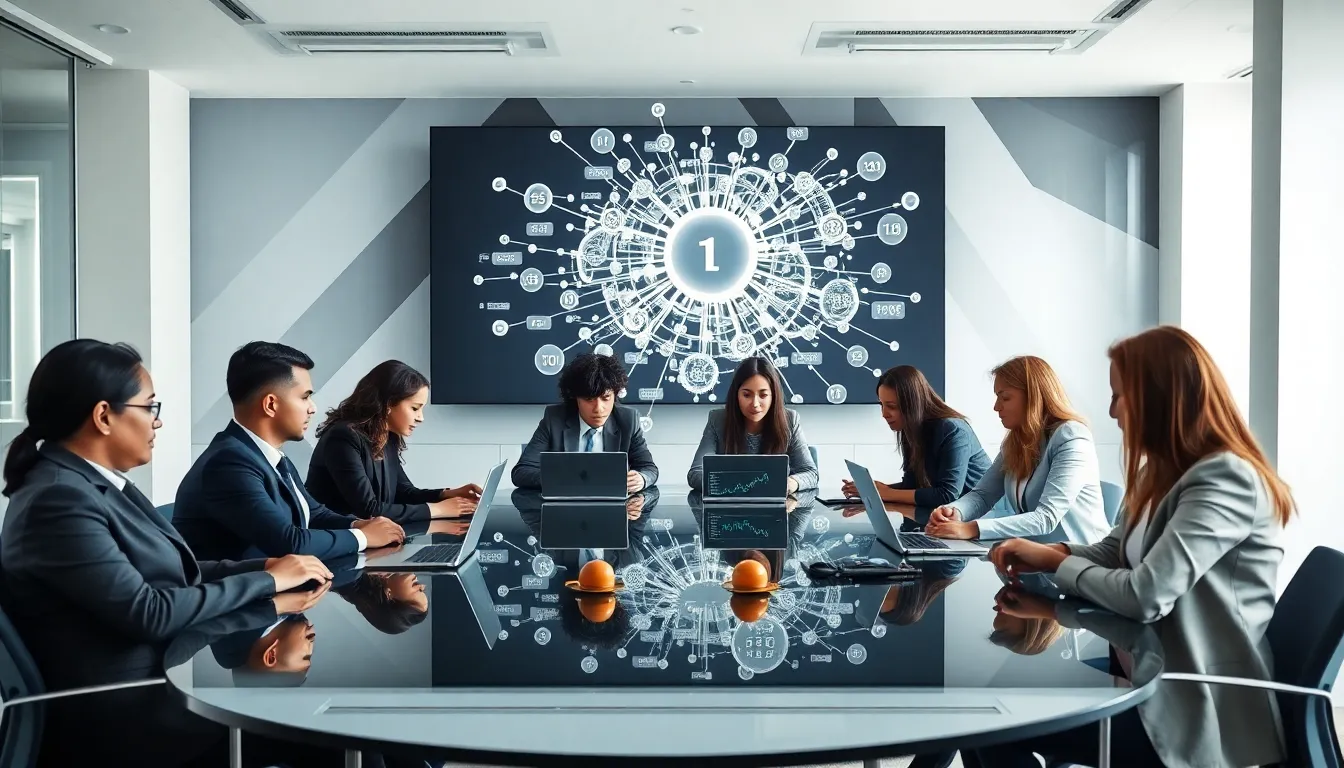 diverse professionals discussing data relationships in a modern office.