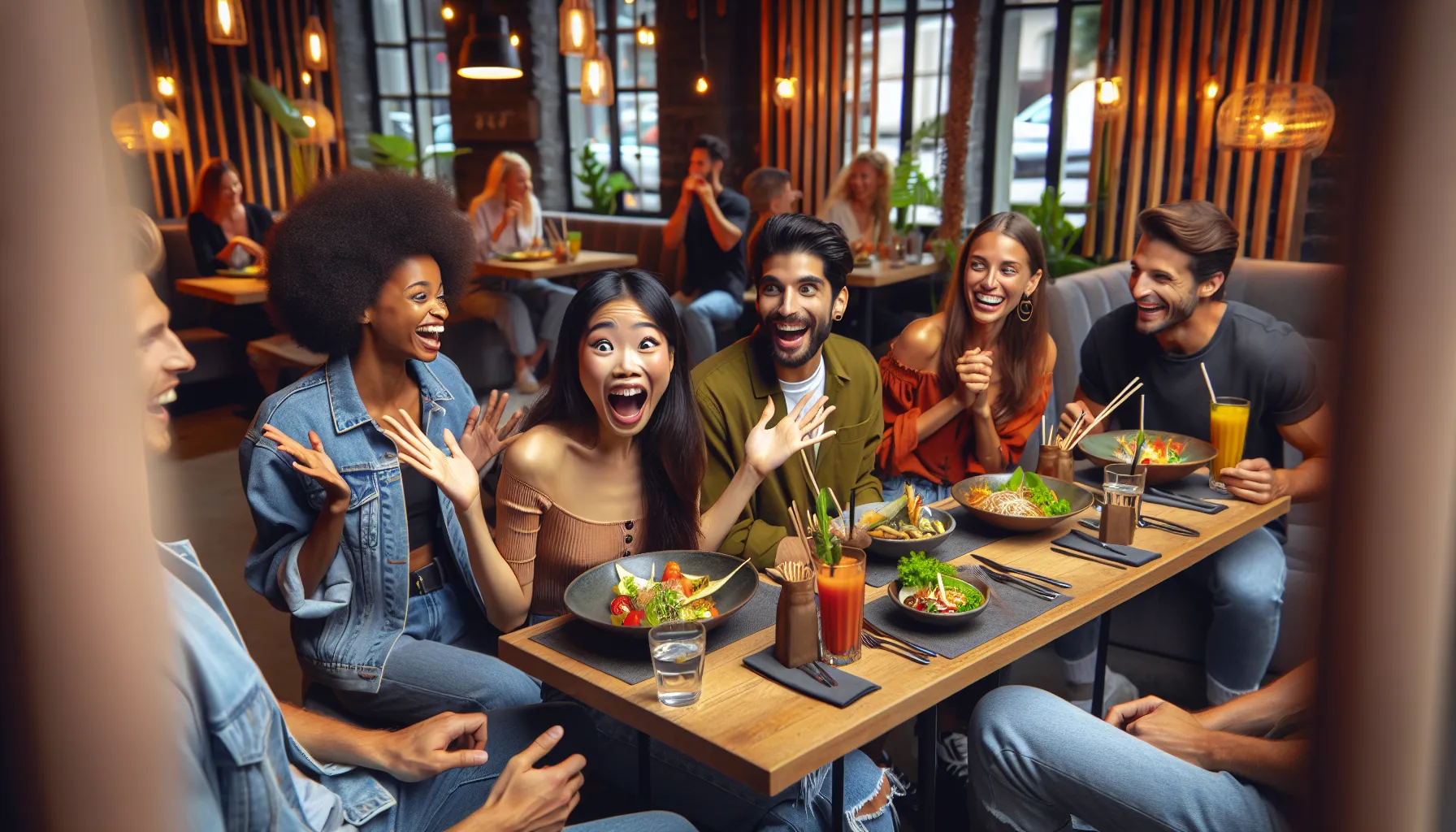 friends laughing in a restaurant after one exclaims 'ohmybageeberss'.