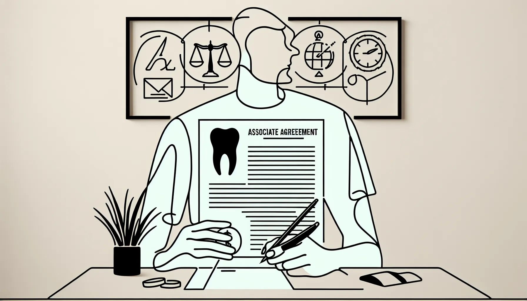Dentist reviewing contract and checklist with icons for pay, timing, and malpractice of Dental Associate Contract Termination.