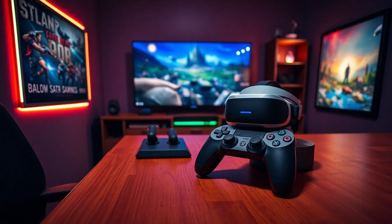 a PlayStation gaming setup with a DualSense controller and VR headset.
