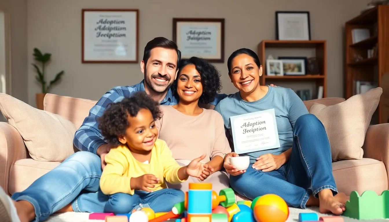 Diverse family celebrating their adoption in a cozy living room.