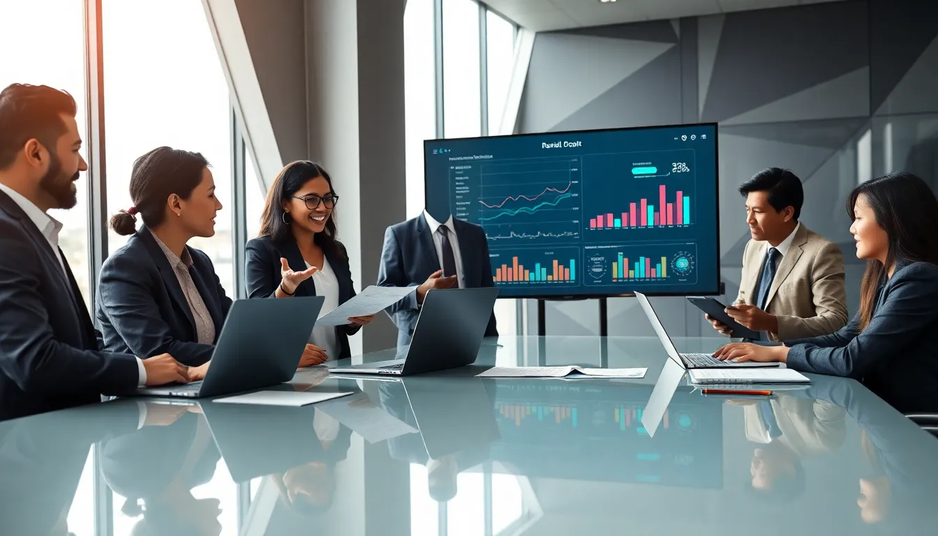 professionals collaborating over data analytics in a modern office