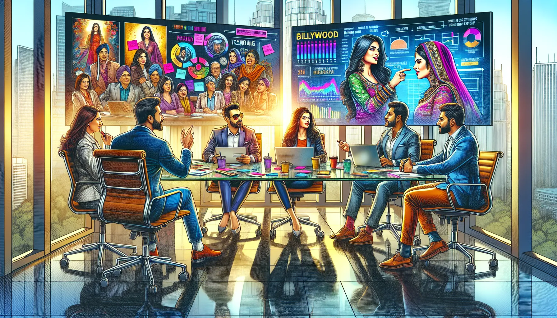 diverse team discussing Bollywood films in a modern office.