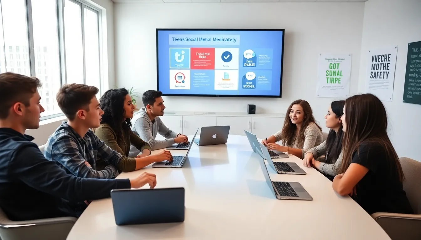 teens discussing social media safety in a classroom setting.