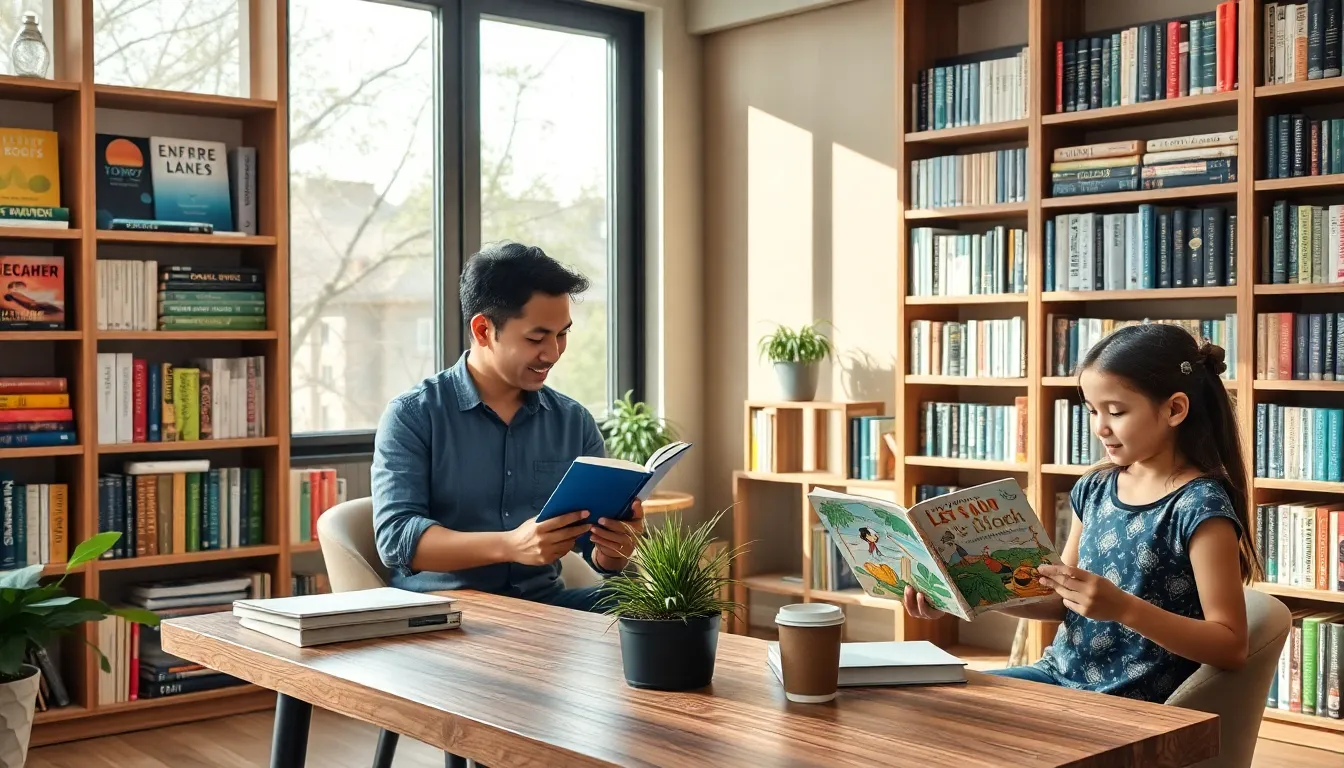 diverse group reading sustainable living books in a cozy library.