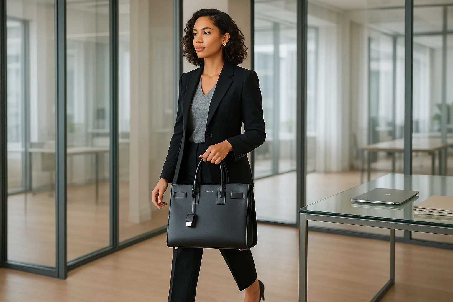 Professional woman with a luxury work bag in a modern office.