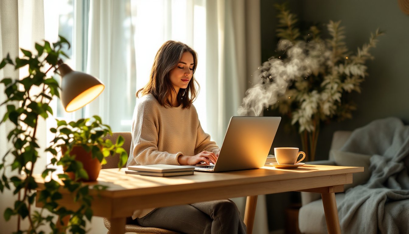 A woman relaxing at a sunlit wooden desk with a lamp and houseplant.