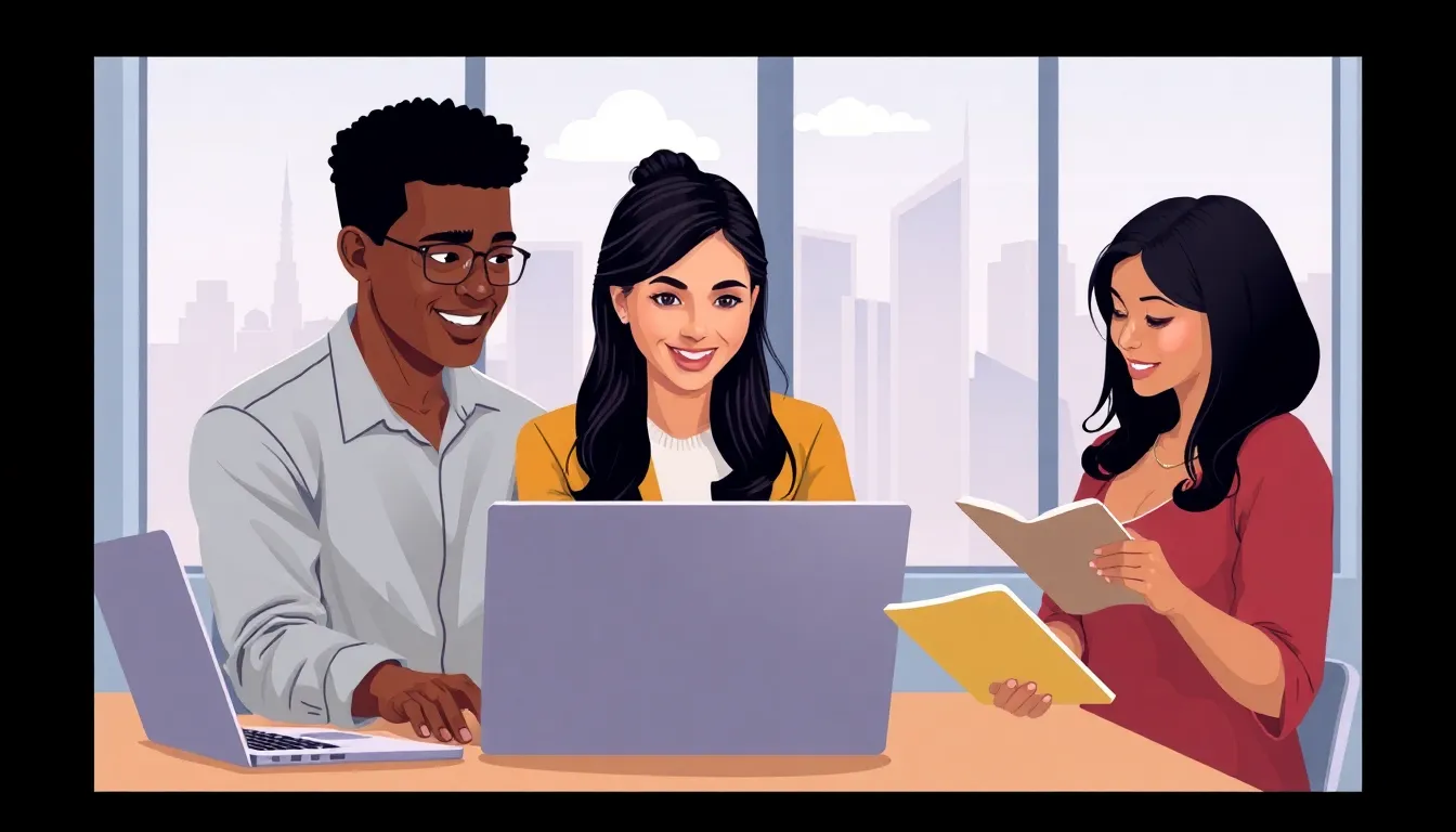 diverse team collaborating and learning in a modern office.