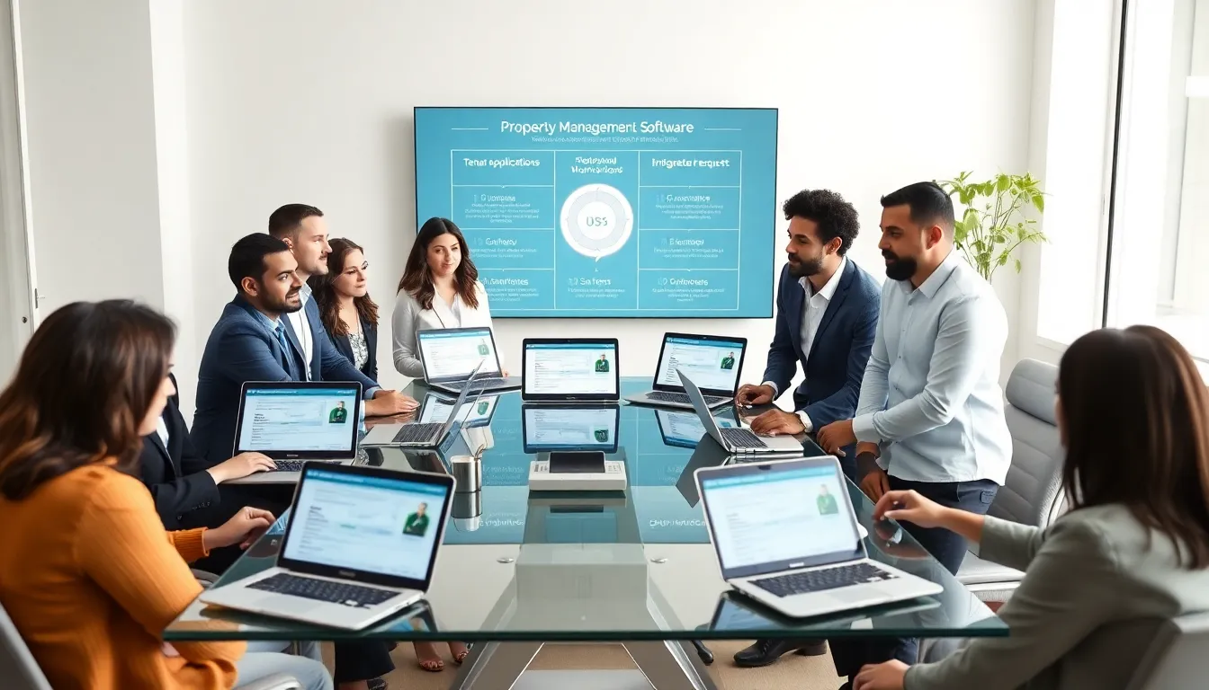 diverse team discussing property management technology in a modern office.