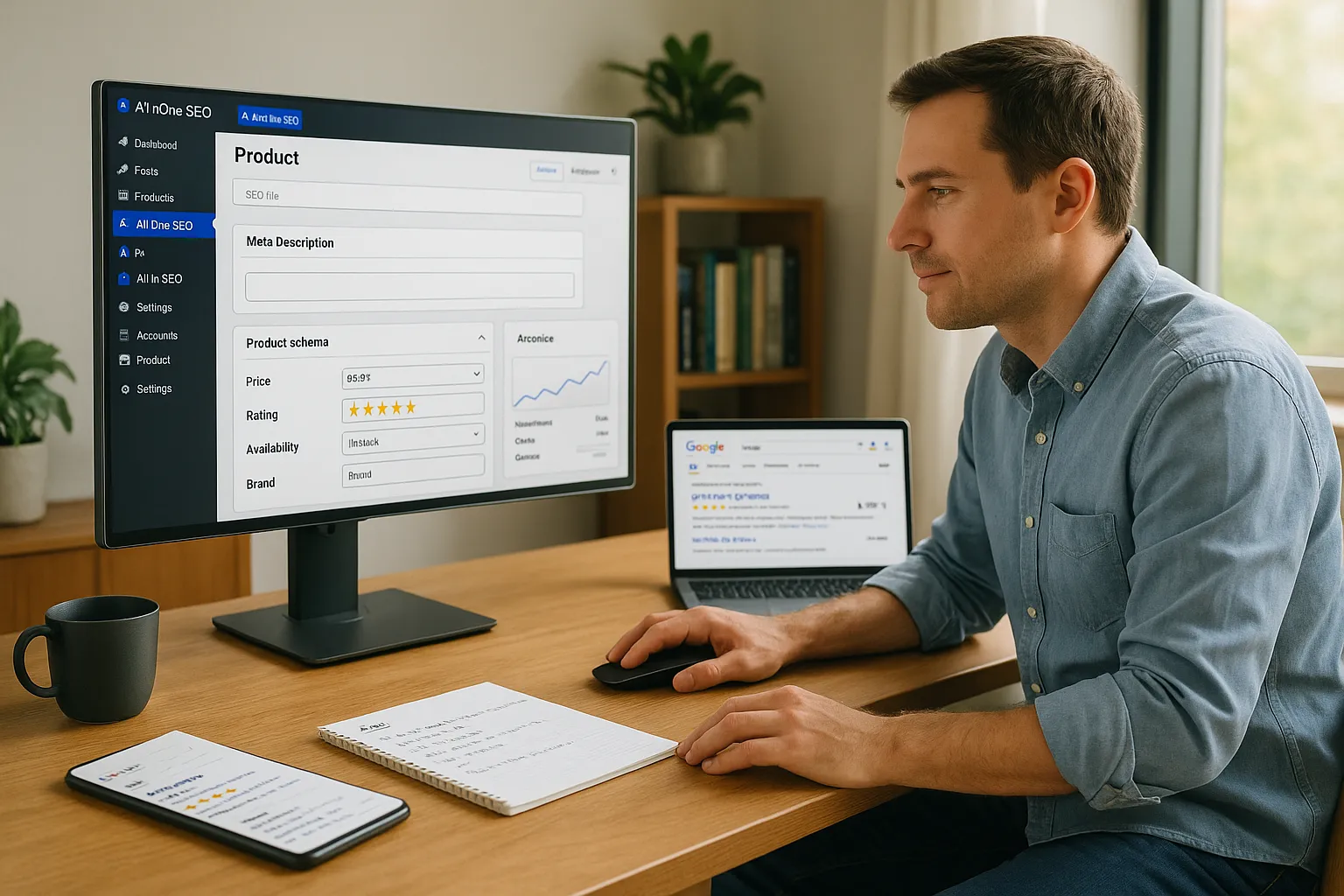 Marketer optimizing a WooCommerce store with an SEO plugin on a desktop computer.