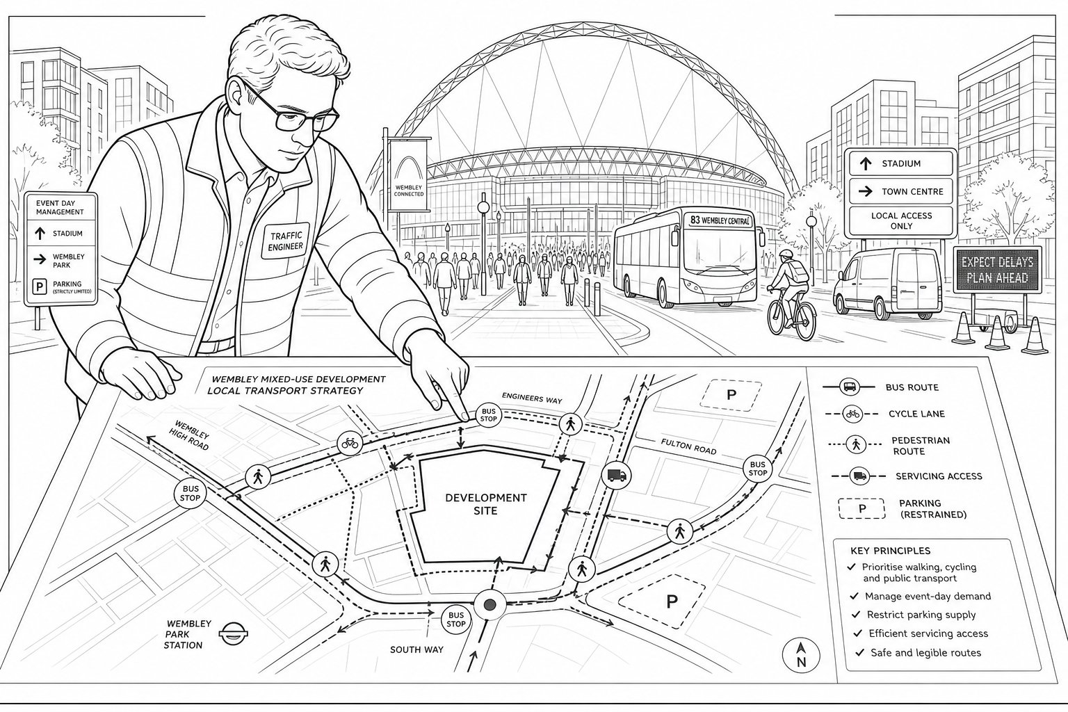 Traffic engineer reviewing a local transport strategy near Wembley Stadium.